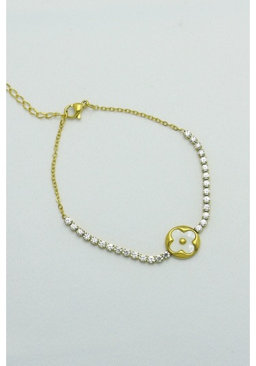 Altın Kaplama Seri Kararmaz Sedef Taşlı Yonca Su Yolu Çelik Gold