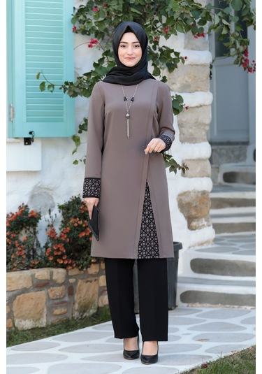 Lazer Kesim Detaylı Büyük Beden Tesettür Takım Vizon