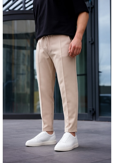 Erkek Vizon Renk Esnek Likralı Fermuar Detaylı Jogger Pantolon-1805 Vizon