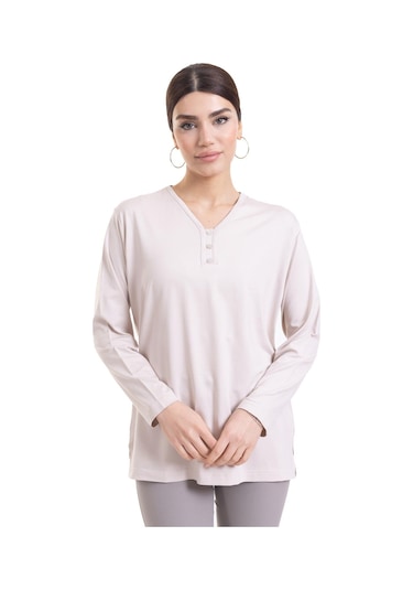 Kadın Orta Yaş ve Üzeri Dört Mevsim V Yaka Rahat Kalıp Likralı Viskoz Anne Penye Bluz 140-Krem Rengi Krem