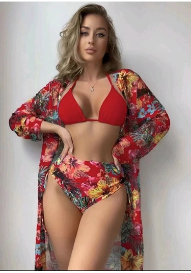 Bölünme Bikini Baskılı İpli Yüksek Bel Mayo Kırmızı