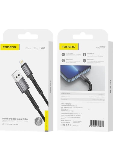 Foneng X83 Usb-a To Lightning Örgü 1m Data Ve Şarj Kablosu