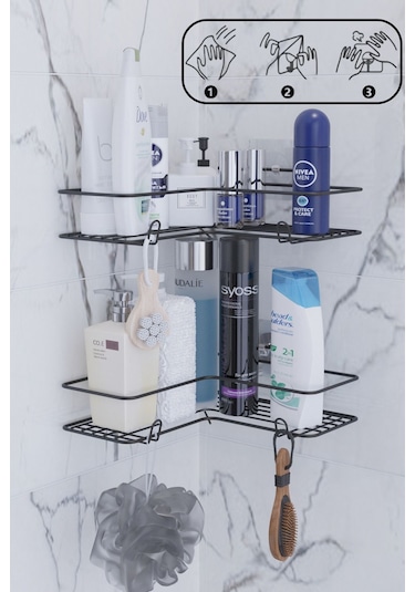 Suntel Yapışkanlı Paslanmaz Banyo Düzenleyici Köşe Rafı 2 Adet Siyah