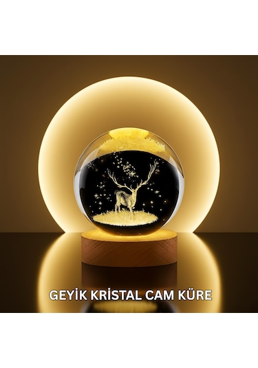 Doğal Ahşap Standlı Geyik Figürlü Kristal Küre Led Dekoratif Lamba 1