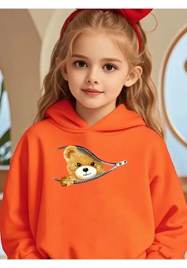 Kızlar İçin Sonbahar Kışlık Kapüşonlu Sweatshirt Fermarlı Ayıcık Turuncu