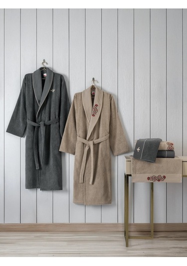 Cotton Box Folkart Aile Bornoz Seti Yamka Bej Antrasit Antrasit