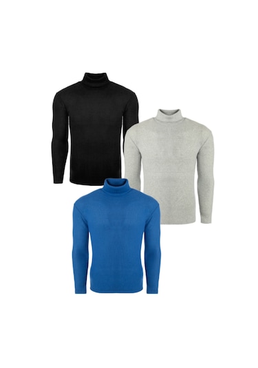 Ribac 3'lü Paket Erkek Boğazlı Balıkçı Triko Kazak Siyah-indigo-gri Çok Renkli