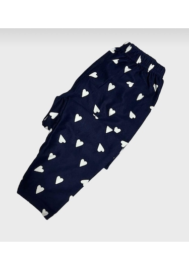 Miosse Kids Kız Çocuk Pamuklu Süet Lacivert Kalp Desenli Gömlek Yaka Boydan Düğmeli Uzun Kollu Pijama Takımı M6590 Lacivert