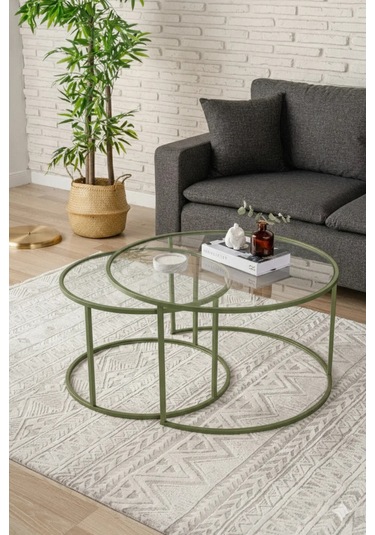 Belarus Orta Sehpa - Mint Yeşili 80cm Şeffaf Camlı İkili Dekoratif Sehpa Mint Yeşil