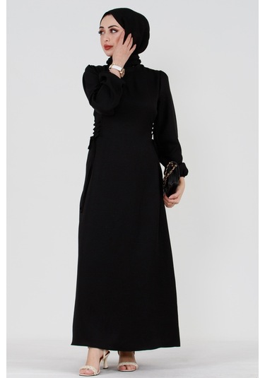 Yanı Bağcıklı Keten Elbise-siyah-3364-beyaz Beyaz