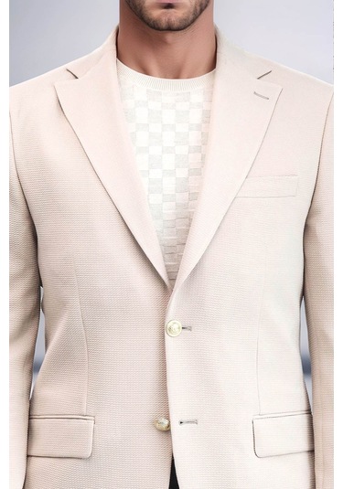 Bej Kendinden Desenli Örme Altın Renk Metal Düğmeli Slim Fit Erkek Blazer Ceket - Wessi Cream