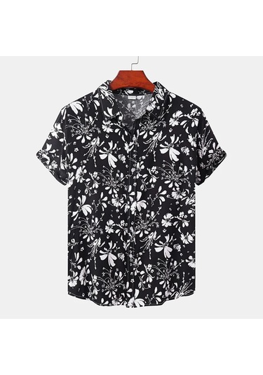 Snapbuy Erkek Yaz Çiçek Kısa Kollu Hawaii Gömlek Slim Fit Plaj Bluzbej Bej
