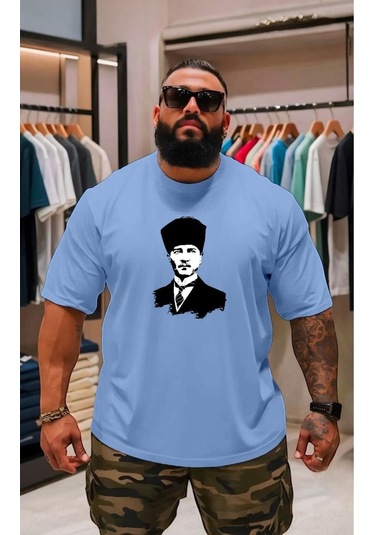 Atatürk Baskılı Oversize Unisex Tişört Bebe Mavisi