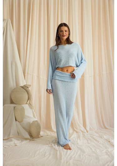 Mai Collection Naval Mavi Crop Etek Triko Takım