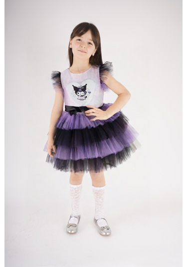 Kız Çocuk Kuromi Modelli Tül Tütü Etekli Elbise Lila