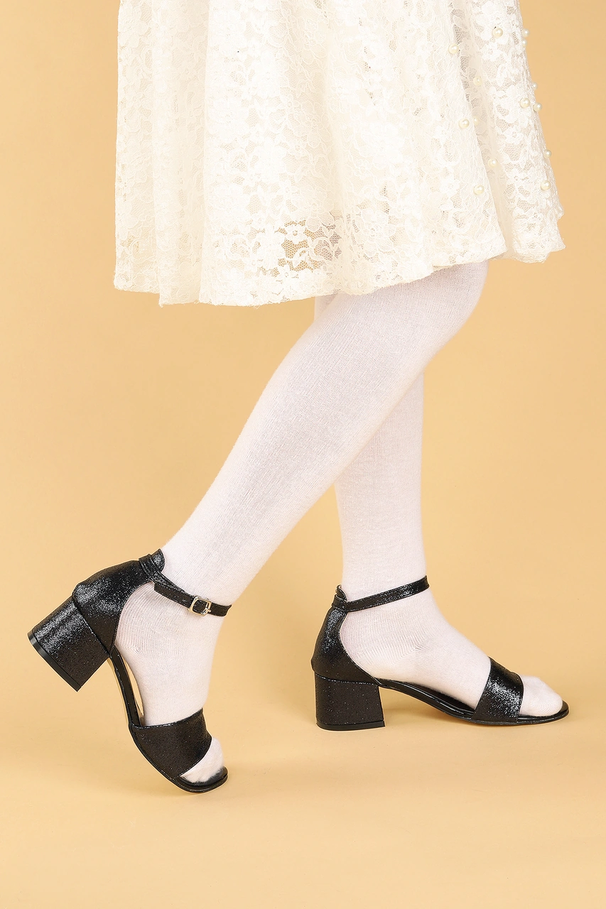 Kiko Kids Alexa Günlük Kız Çocuk 4 Cm Topuklu Sandalet Abiye Ayakkabı Siyah Siyah