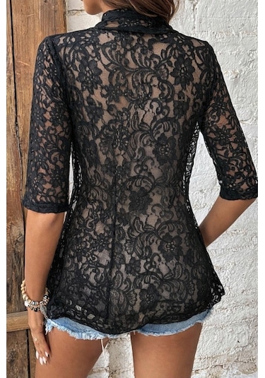 Efnaz Style Kadın Kısa Kollu Önü Açık Dantelli Ceket Siyah