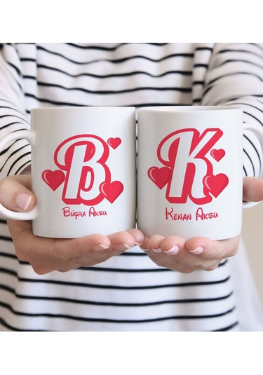 Bk Gift Kişiye Özel Kalpli Harf Tasarımlı İkili Beyaz Kupa Bardak Kobitmeyencom33504 Bk Gift Renkli