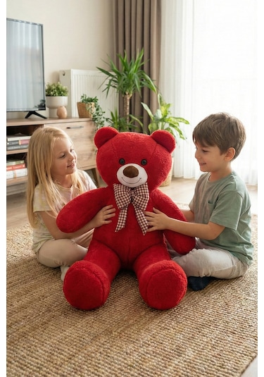 80 Cm Büyük Boy Yumuşak Papyonlu Oyuncak Ayıcık Kırmızı