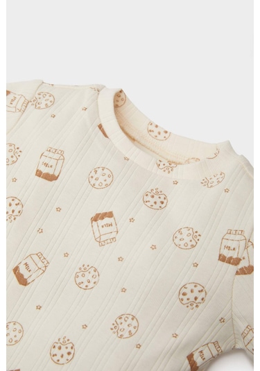 DeFacto Erkek Bebek 2'li Takım Fitilli Kaşkorse Baskılı Uzun Kollu Çıtçıtlı Body Esnek Belli Uzun Alt E6303A525SPER233 Ekru