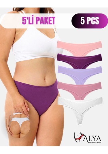 Alya Underwear Kadın Bato Tanga Pamuklu Külot, Büyük Beden String, 5'li Paket- 2 Siyah, 1 Beyaz, 2 Ten Multicolor-p25