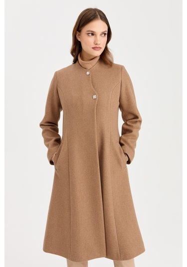 Broş Düğme Detaylı Ara Boy Kaban Taba-taba Taba