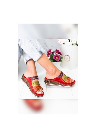 Hakiki Deri Joelle Kırmızı Mor Turuncu Yeşil Bej Comfort Lazer Kesim Terlik 001