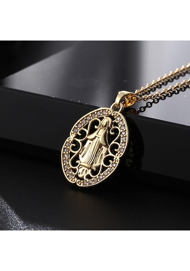 Dini Bakır Mikro Mıhlanmış Renkli Zirkon Taşlı Pandantif, Kadın Takısı, Katolik Meryem Ana Kolyesi E Altın