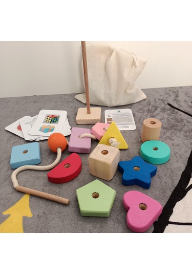 Montessori Ahşap Oyuncak - Giz Torbası Ve Ip Geçir Geometrik Şeki