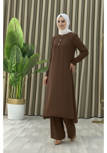 Tesettür İkili Takım Uzun Tunik Bol Paça Pantolon 4006-kahve Kahverengi