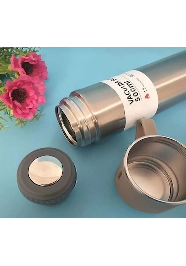 Paslanmaz Çelik 3 Bardaklı Vakumlu Vacuum Termos Set 500 Ml, 12 Saate Kadar Isı Koruma Termos Gri