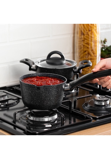 Porsima 4398 4 Parça Kaçerola Sosluk Sütlük Mini Granit Tencere Sahan Seti Siyah 14cm siyah
