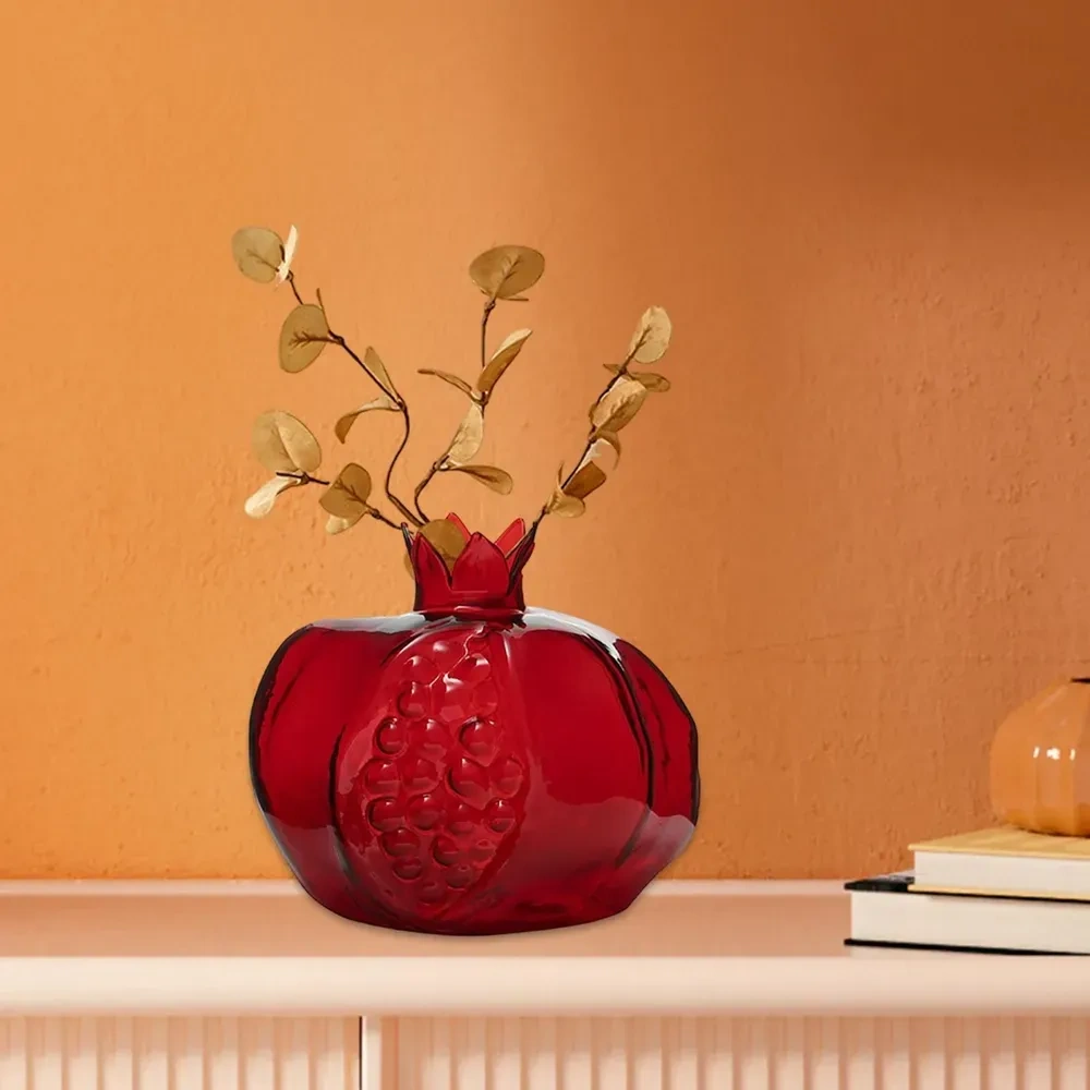 Dianziye Kırmızı Cam Nar Şekilli Dekoratif Vazo - Masaüstü Su Bitkileri, Yapay Çiçekler İçin Sabit Tabanlı Küçük Süs Vasıtası