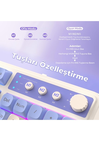 Aula S99 Retro Rgb Gaming 3 Modlu Bluetooth/2.4ghz/usb-c Kablosuz Makrolu Türkçe Q Klavye Mavi