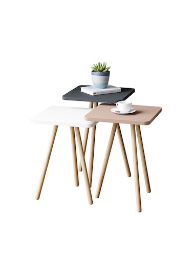 Ahşap Ayaklı Renkli Kare Tasarım 3'lü Zigon Sehpa Çok Renkli - Pastel Renkler