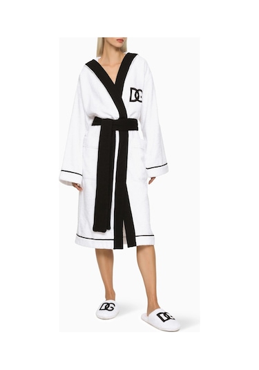 Dolce & Gabbana Casa Unisex Logo Işlemeli Kapüşonlu Bornoz, Pamuklu, Yumuşak Beyaz