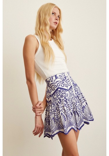 Never More Güpür Detaylı Mini Etek Mavi