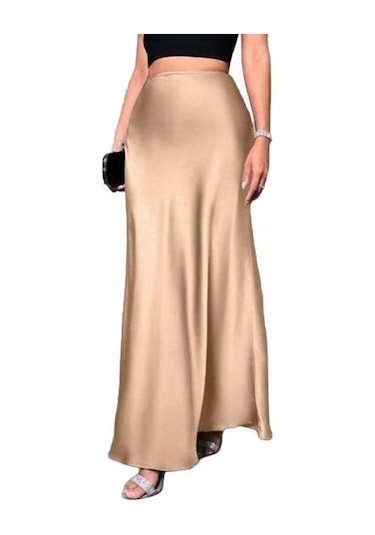Kadın Balık Kuyruğu Etek Yüksek Bel Düz Renk Pürüzsüz Yüzey A Kesim Uzun Etek Şampanya