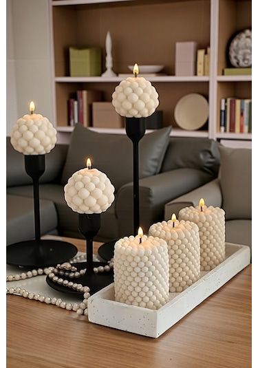 Dekoratif Luxury 6 Lı Bubble Mum Seti Şamdanlar Ve Tabak Dahil Değildir Beyaz