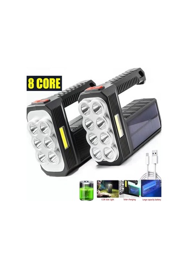 Rongcai Süper Parlak Projektör Su Geçirmez El Feneri 6-8 Led Solar Usb Şarj Edilebilir El Feneri Dış Mekan Cob Siyah