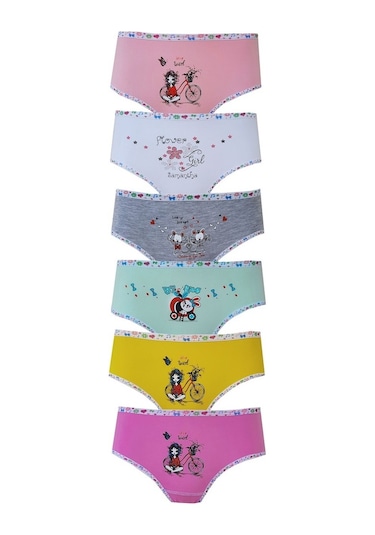Tutku İç Giyim Baskılı Likralı Kız Çocuk Slip Külot 6'lı - Çok Renkli