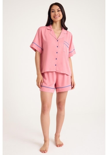 Dream Mavi/pembe Dantel Detaylı Uzun Ve Şortlu Önden Düğmeli 8 Parça Pijama Takım Set Mavi/pembe