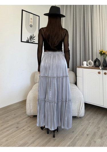 Büzgü Detaylı Beli Lastikli Etek 6005-gri Gri