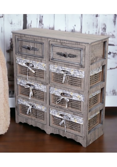 Ahşap 8 Çekmeceli Hasır Görünümlü Sebzelik Rustik