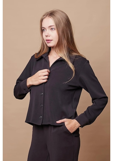Kadın Şık Hafif Likralı Modal Kumaş Yakalı Uzun Kol Yanları Yırtmaçlı Gömlek Pantolon İçin Jument 49050 -siyah Siyah Kadın Şık Hafif Likralı Modal Kumaş Yakalı Uzun Kol Yanları Yırtmaçlı Gömlek Pantolon İçin Jument 49050 -siyah Siyah