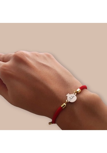 Tuba İsmine Özel 14 Ayar Altın Plakalı Nar Motifli İpek Örgülü Hediye Bileklik-323isim-kırmızı Altın