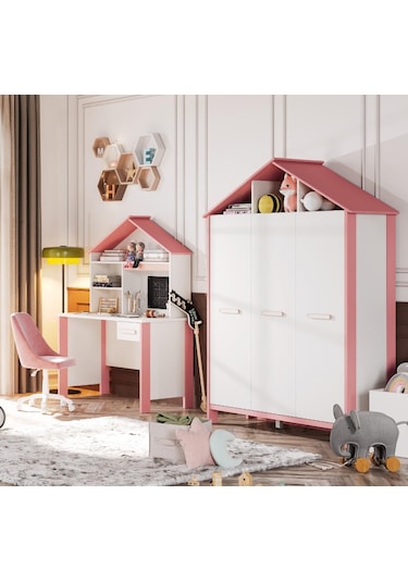 Meltem Kids Cozy Pembe Çocuk Odası Üç Kapılı Dolap