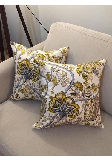 Finezza Gardens Çiçek Baskılı Pamuk Kumaş Krem Yeşil Kırlent 45X4