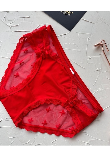 Arya Japon Style Arkası Tül Cut-out Dantel Detaylı Cheeky Külot/s Kırmızı