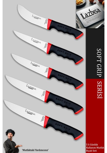 Lazbisa Mtf-784 Soft Grip Mutfak Bıçak Seti Et Ekmek Sebze Bıçağı 5 Li Set Günlük Kullanım Kırmızı - Siyah